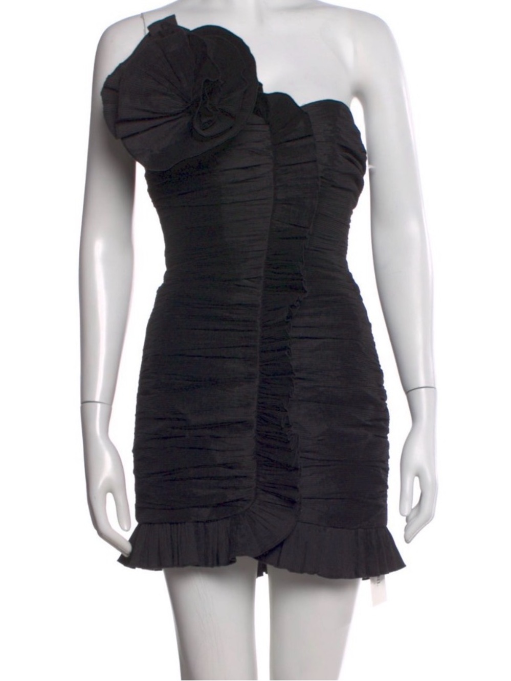 Ronny Kobo Collection Black One-Shoulder Ruching Mini Dress with Floral Accent
